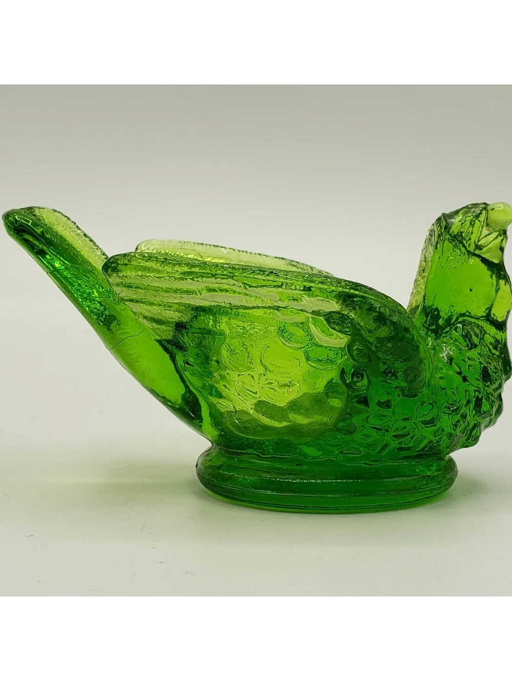 Vintge Kanawha Glass Salt Cellar Glows Green Bird with Berry in Mouth